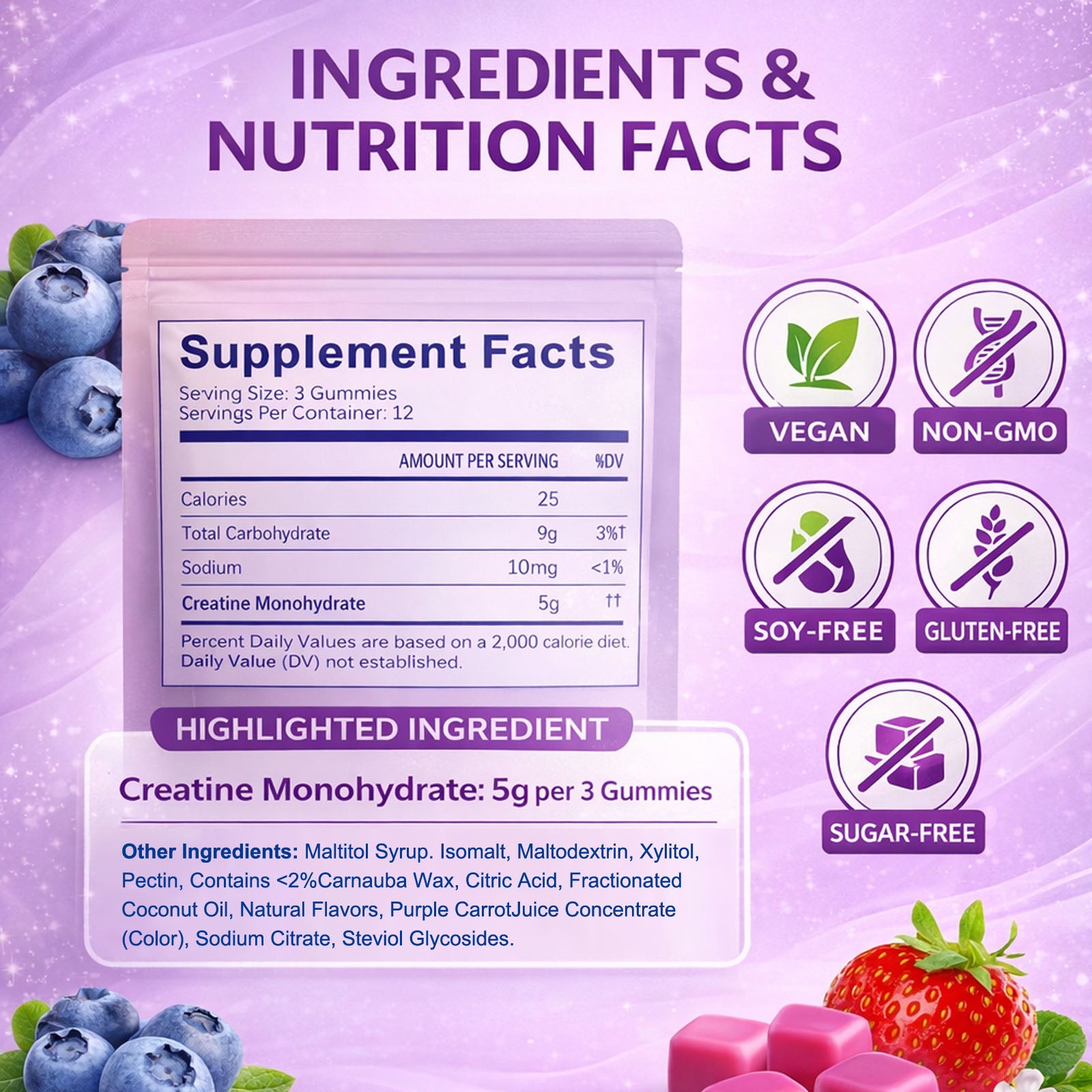 Creatine Monohydrate Gummies, 5 Grams Per Serving, Sugar-free Creatine Gummies, Suitable For Workouts, Strength, Cognitive Health, And Muscle Support, Gluten-free, Berry-enhanced, 36 Gummies.