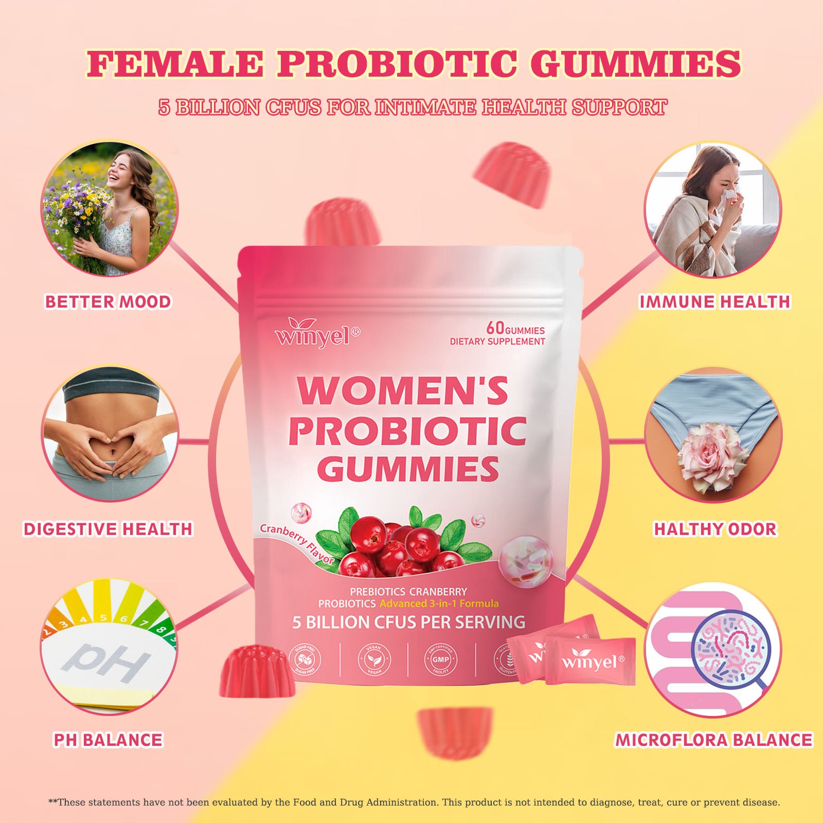 Cranberry Probiotic Gummies  Targets Body Odor, Women's Health, And PH Balance  Vegan 60 Gummies Per Pack